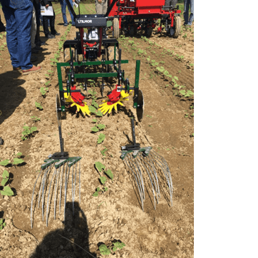 image shows a pull behind cultivator with mutlple soil disturbance adaptions