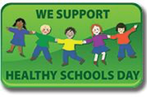 green cartoon banner saying we support healthy schools day