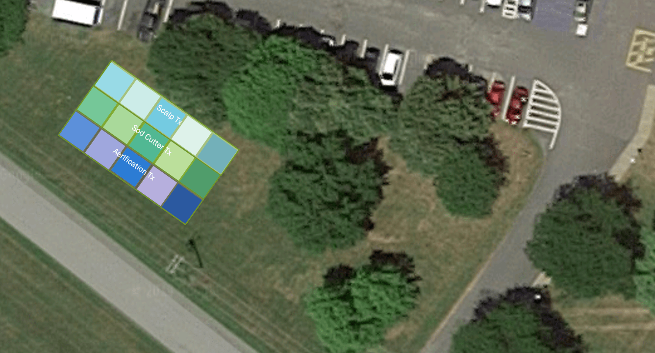 Three rows of five plots are shown against a satellite view of CCE Albany. The first row was scalped, the second was cut with a sod cutter, and the third was aerified.