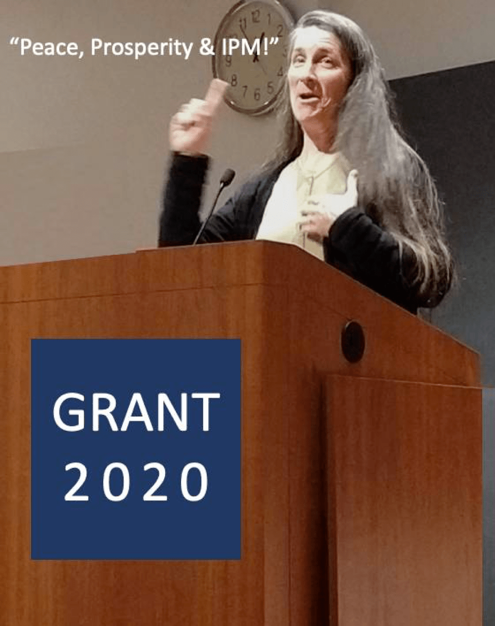 altered photo of Jen at a lectern with a sign that says GRANT 2020