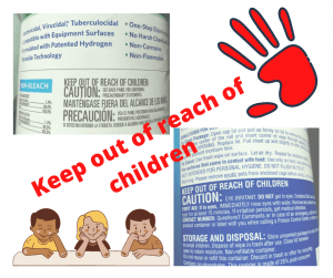 graphic shows portions of two labels of common cleaning wipes with a note to keep out of reach of children