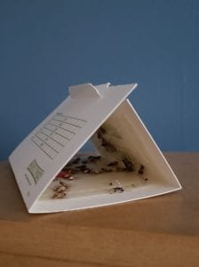 A triangle-shaped cardboard moth trap with moths caught on the sticky surface inside the folded structure