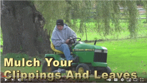 man on tractor mower with words Mulch Your Clippings and Leaves