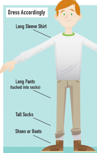 illustration of red-headed man wearing a white long sleeve t-shirt, long tan pants tucked into white socks, and brown boots. Labels state "Dress Accordingly" "Long Sleeve Shirt" "Long Pants (tucked into socks)" "Tall Socks" "Shoes or Boots"