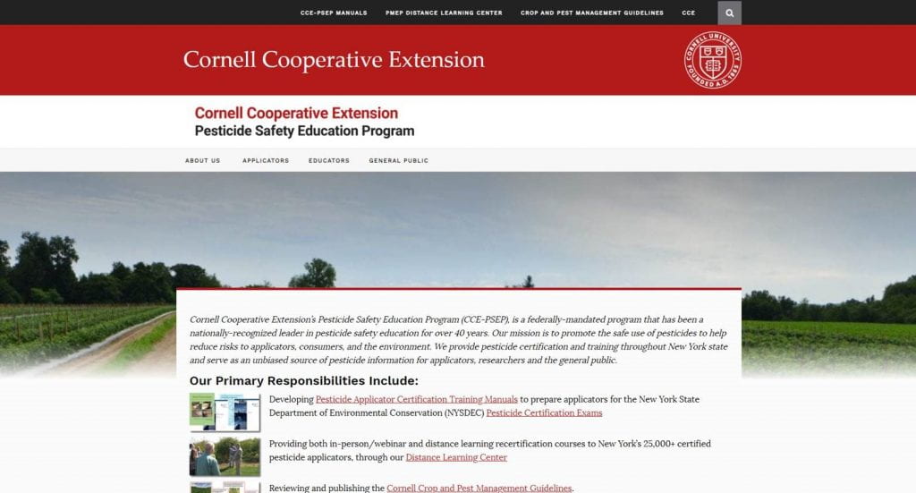 image of the landing page of the Cornell Cooperative Extension Pesticide Safety Education Program