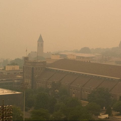 Aerial views of campus during heavy smoke from Canadian wildfires.