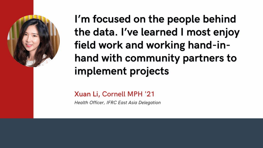 A quote from Xuan Li that reads "I’m focused on the people behind the data. I’ve learned I most enjoy field work and working hand-in-hand with community partners to implement projects"