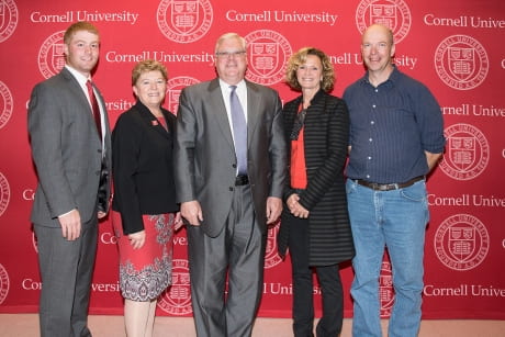 Matt Hayes/College of Agriculture and Life Sciences Michael Murphy ’17, left; Kathryn Boor, the Ronald P. Lynch Dean of the College of Agriculture and Life Sciences; State Sen. Thomas O’Mara, R, C-Big Flats; Melanie Wickham, executive director of Empire State Potato Growers; and Walter DeJong, associate professor in the School of Integrative Plant Science, at the announcement of new state funding to upgrade the Federal Golden Nematode Lab at Cornell.