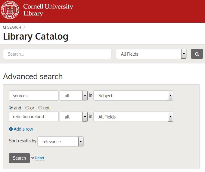 An example of the Advanced search function of library catalog