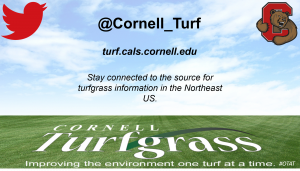 photo of twitter handle, @Cornell_Turf, Cornel Turf website, turf.cals.cornell.edu, the motto "Stay connected to the source for turfgrass information in the Northeast US