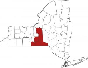 NY state map highlighting Onondaga, Cortland, Tompkins, Broome, Tioga and Chemung counties