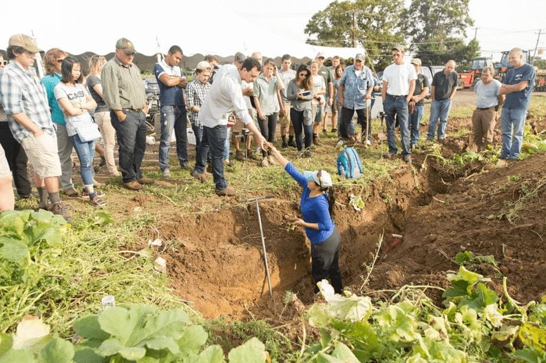 gathering of people around a soil trench, one individual is in the trench handing a soil sample to someone