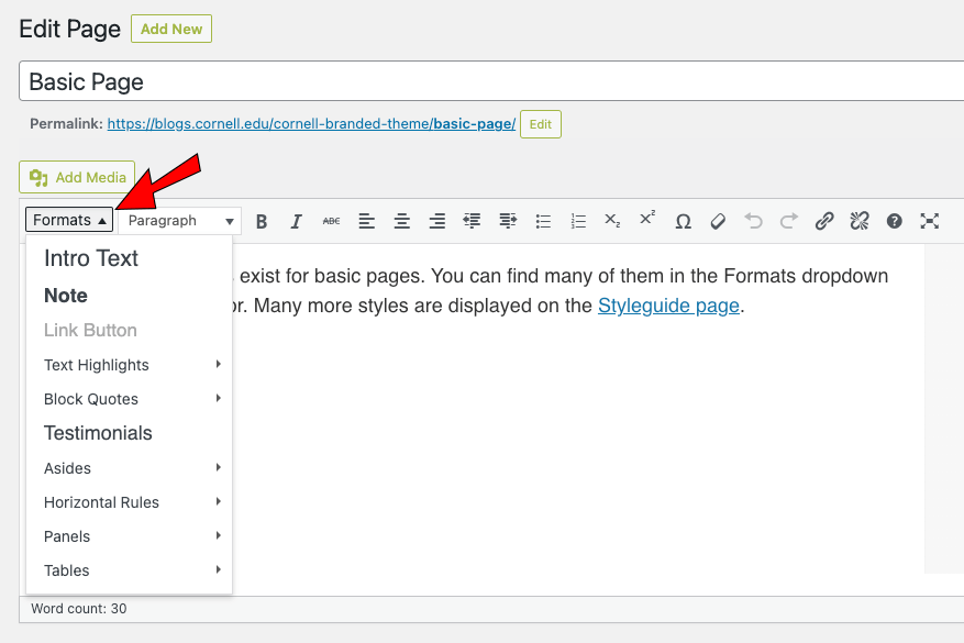 Formats dropdown is located on the left side of the editor toolbar.