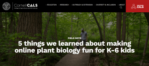 Photo of the article on Cornell CALS website entitled, "5 thing we learned about making online plant biology fun for K-6 kids