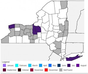 Distribution of SWD first finds in NY, as of the morning of July 15, 2014. This map is updated automatically from data entered by the Cornell Cooperative Extension SWD monitoring network.