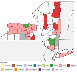 The SWD distribution map for the NY State monitoring network, as of August 17, 2015. Minor modifications were done to the map to show that SWD was found in August and no SWD has been found to date in Columbia, Dutchess, and Steuben Counties, as compared to the online distribution map, to account for those locations where online reports have not been submitted to date. legend