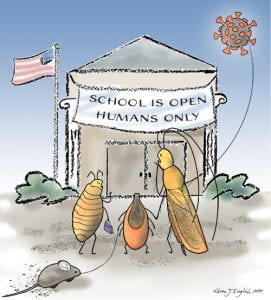 Cartoon showing pests not gaining access to the school building. Artwork by Karen English, Cornell University.