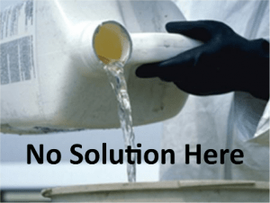 A container of pesticide pouring into a tank with the words "no solution here" across the bottom. 