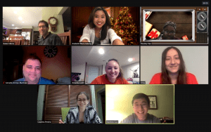 Screenshot of eight members of the Weiss Lab gathered for the Virtual Holiday Social. 