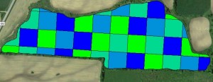 Figure 3. The experimental prescription divides the field into two acre blocks and randomly assigns each block one of four seeding rates.