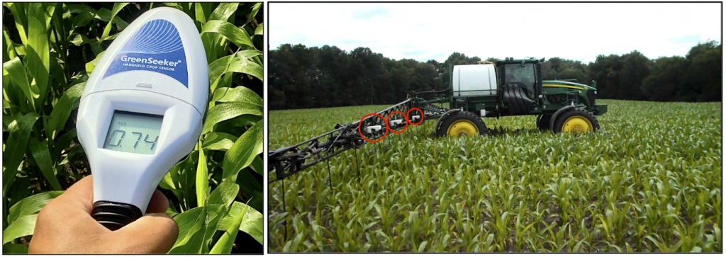 Figure 1: Handheld sensor displaying the NDVI value reflected by the plant canopy (left) and spray boom-mounted sensors (right).