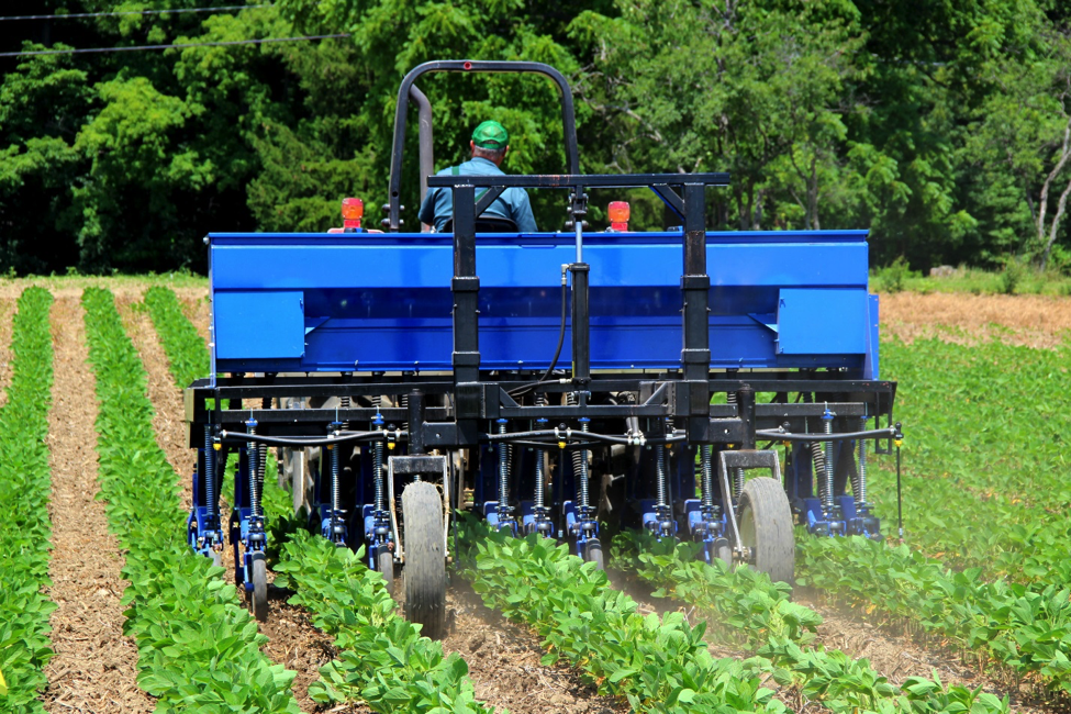 Fig. 1. Paul Stachowski drives the InterSeeder through soybeans at the Cornell Musgrave Research Farm in Aurora, NY.