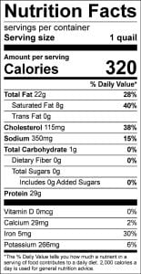 nutrition label for roasted quail recipe