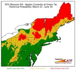 50% blossom kill risk map for apple trees at green tip on March 21, 2016.